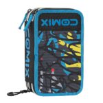 COMIX WBS - Astuccio Scuola, Astuccio 3 Scomparti per Bambini, con Set Cancelleria Incluso, Cover Rigida con Maxi Logo in Rilievo e Tirazip in Metallo