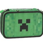 MINECRAFT - Astuccio Scuola Ufficiale Minecraft, Astuccio 3 Scomparti Bambino e Bambina con Set Cancelleria, Penne Cancellabili Franco Cosimo Panini,e Pratica Chiusura a Zip, 20x13Hx7 cm, Verde e Nero